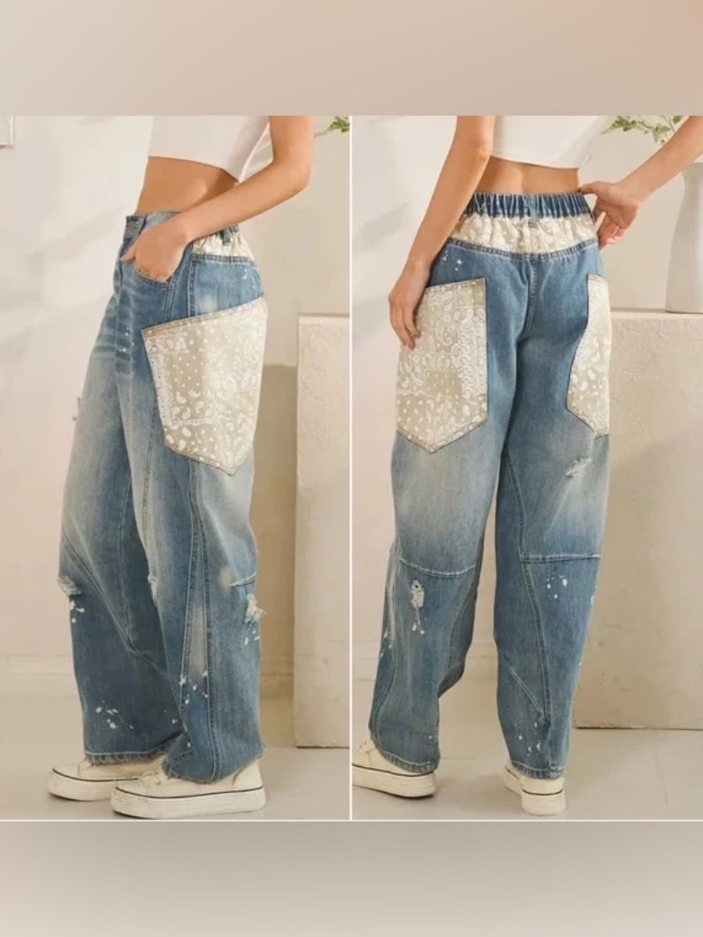 Oh Jeans Vici Womens Small Barrel Leg Baggy Patchwork Bandana